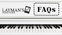 Layman’s Piano Guide FAQ page explaining common piano learning questions with a white piano keyboard.