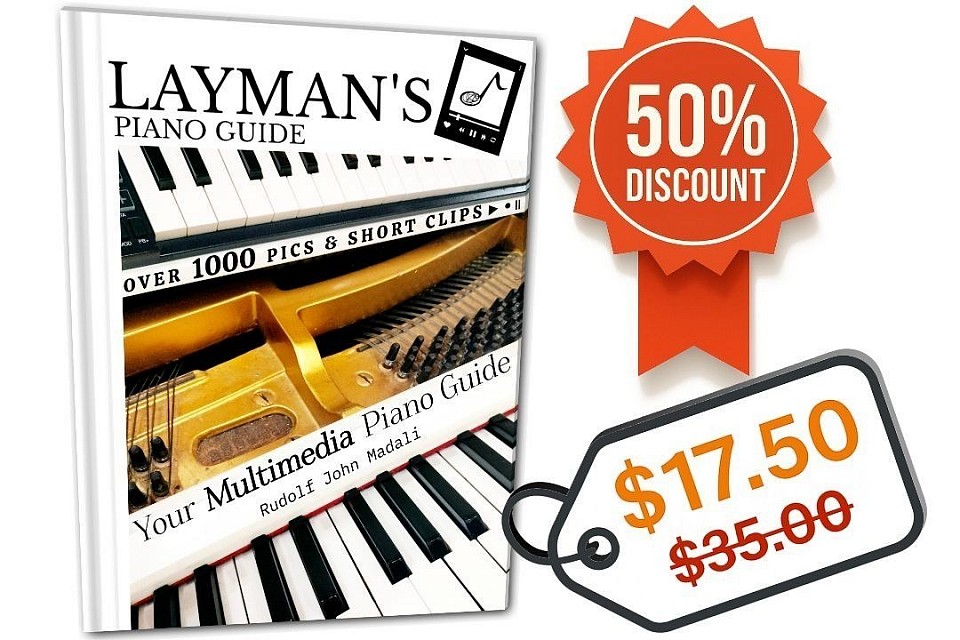 Buy Layman’s Piano Guide now for 50% off and enjoy a complete piano eBook with 1000+ illustrated lessons, short videos, and tips for self-learning and improving piano skills.