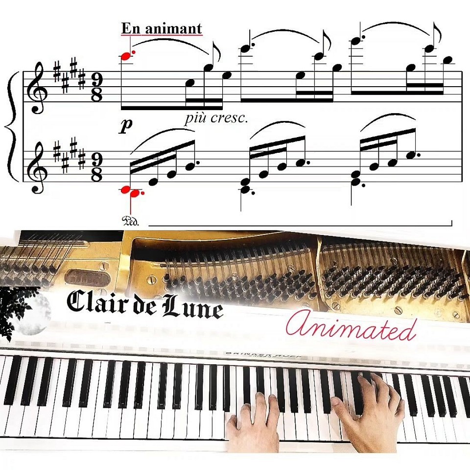 The direction Animato can also appear in French as animé, animéz, or en animant.   In Debussy’s Clair de Lune, the marking en animant signals to play in an animated, flowing manner while maintaining the piece’s dreamlike quality.   Combined with più cresc. (more crescendo) to gradually add intensity and motion.